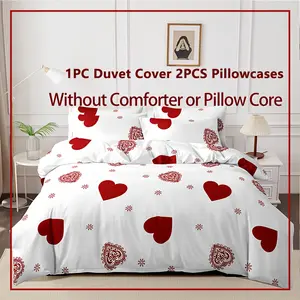 3-Piece Heart Print Bedding Set, Quilt Cover & Pillowcases, Breathable Soft Comfortable, Ideal for Bedroom Guest Room Decor, Soft Bedding Sets