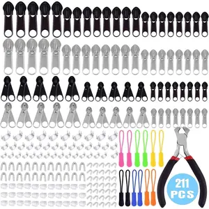 211 Pcs Zipper Repair Kit with Plier, DIY Bags Luggage Backpacks, Silver Color &, Includes Single Double Zippers Button Parts, Gift