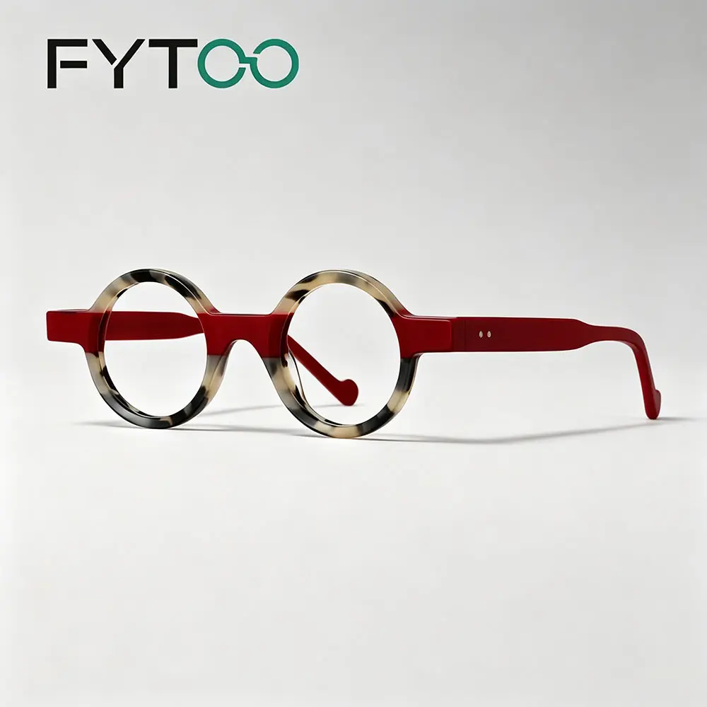 FYTOO Two-Tone Red Tortoiseshell Round Acetate Glasses, Vintage Small Circle Statement Eyeglasses