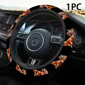 1pc 1.6 x 15 inch Floral Highland Cow car steering wheel cover, non-slip and comfortable, Automotive car interior accessory, no inner ring, easy to install and remove, suitable for all car models, a gift for car enthusiasts, holiday gift, 2.05LYY-16