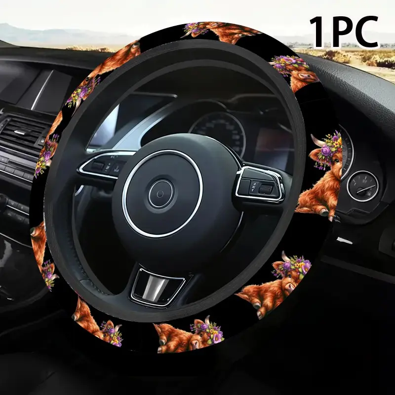 1pc 1.6 x 15 inch Floral Highland Cow car steering wheel cover, non-slip and comfortable, car interior accessory, Car accessories, no inner ring, easy to install and remove, suitable for all car models, a gift for car enthusiasts, 2.05LYY-16