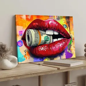 1 Count wood frame canvas, Graffiti sexy red lip dollar poster, bedroom mural, modern art decoration, suitable for corridor wall decoration, ideal gift, Wooden Wall Art, Modern Home Decor, Hanging wall art, Artistic, waterproof, print