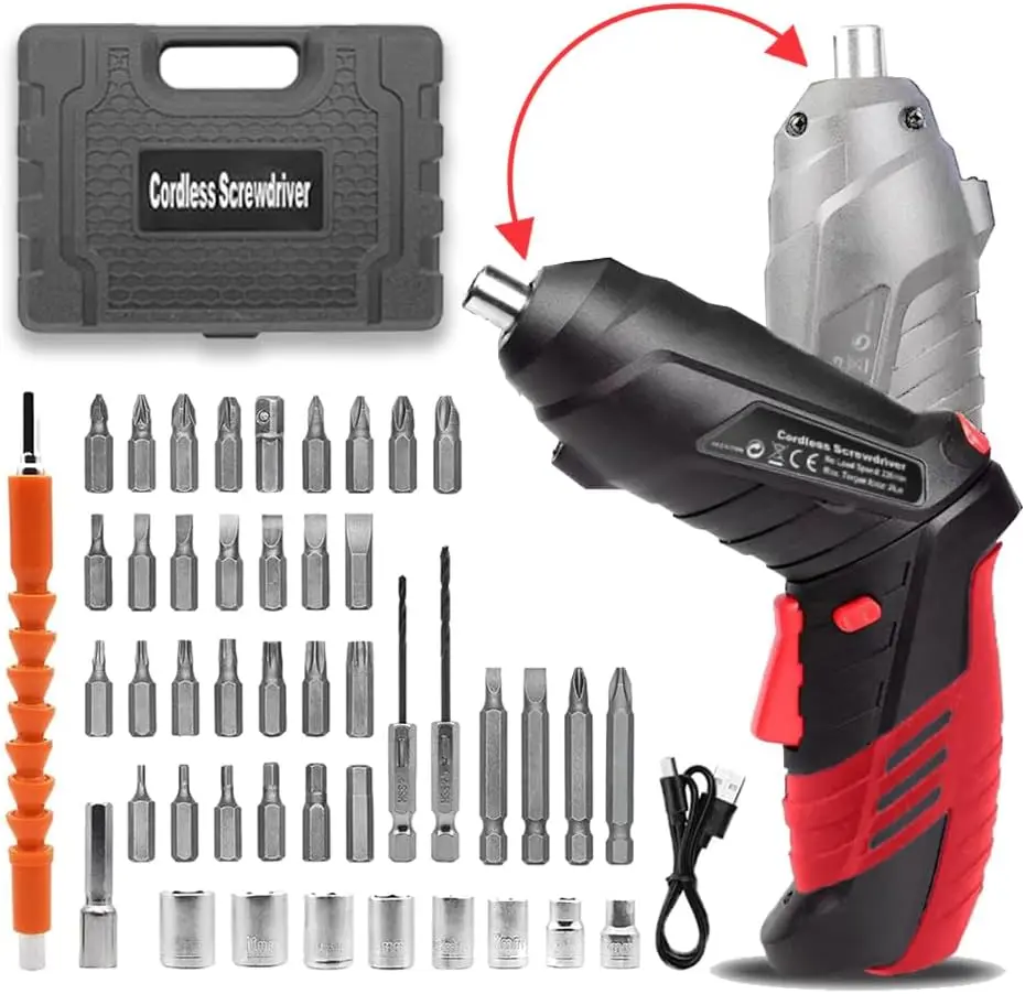 Screwdriver Electric Screwdriver Set, Battery Powered Screwdriver Kit Including 46pcs Bits, Pivoting Handle and LED Lights Small Drills (Red)