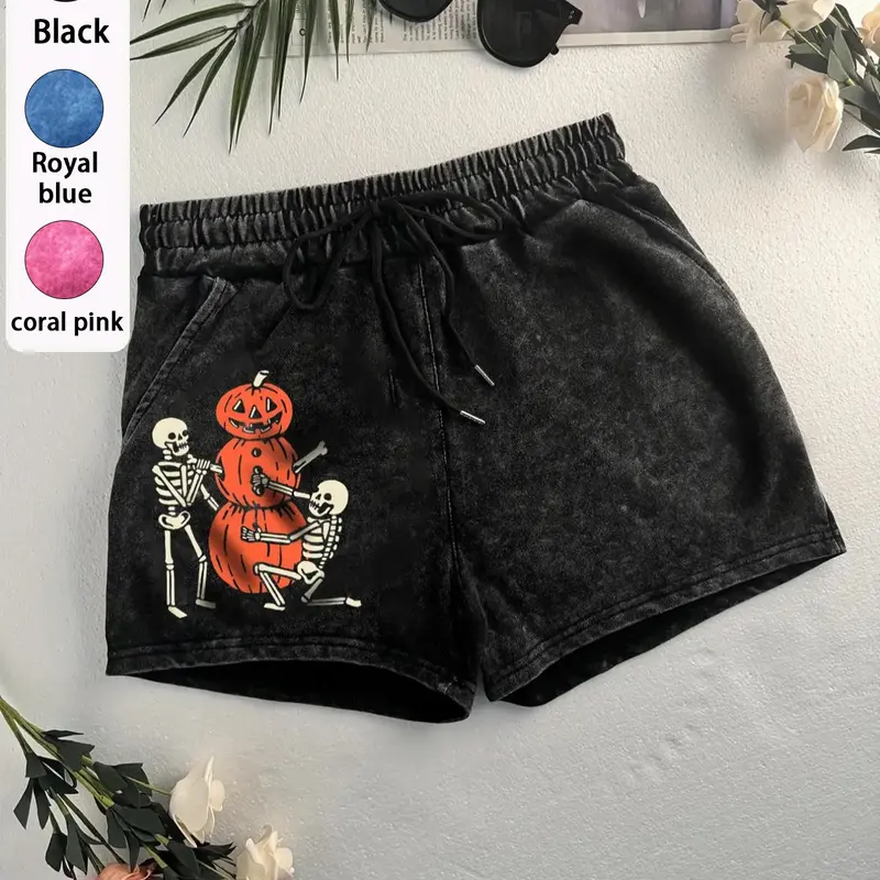 Women's Skeleton & Pumpkin Print Shorts, Casual Comfy Shorts for Daily Wear, Ladies Bottoms for Summer, Casual Street Shorts, Graphic Shorts, Halloween