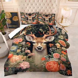 2/3 Piece Christmas Themed Bedding Set, Christmas Gift，Reindeer Flower Pattern Printed Comforter Set, Soft, Breathable and Skin Friendly, Christmas Decoration Happy New Year, Including 1 Quilt and 1/2 Pillowcase