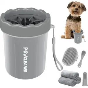 Professional 7 in 1 Dog Paw Cleaner for Dogs & Cats - Includes 1 Portable Paw Washer, 1 Bath Brush, 2 Dog Toothbrushes and 3 Absorbent Towels Note: Fits Paws up to 2 Inches Wide (Small, Grey)