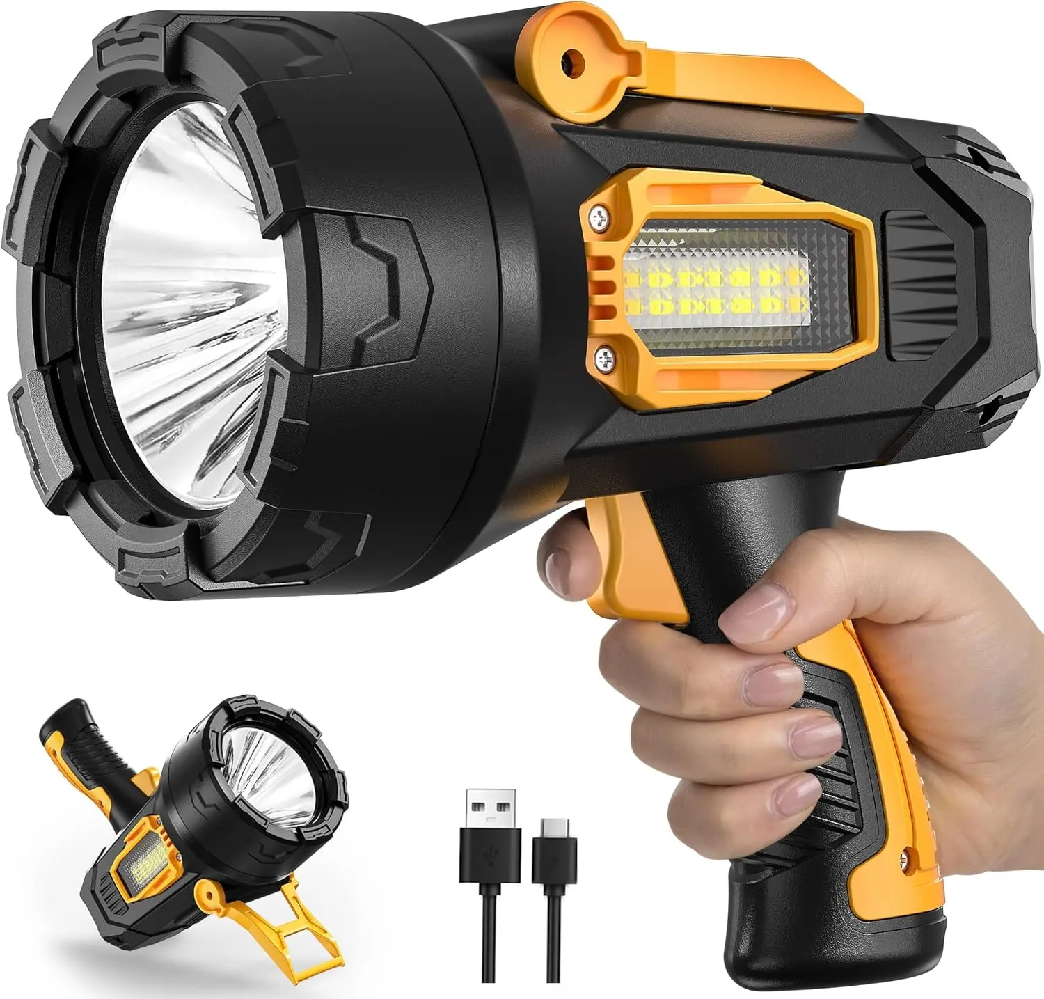 Rechargeable Spotlight 2,000,000 Lumens, Super Bright LED Spotlight Flashlight Outdoor with COB Light & Foldable Tripod, Long Lasting Large Handheld Spot Light for Boating Camping