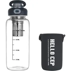34oz Glass Water Bottle with Leak-Proof Lid, Protective Sleeve, Stainless Steel Tea Strainer, BPA-Free Borosilicate Glass Bottle for Hot & Cold Drinks, Coffee, Tea, Water, Gym, Office