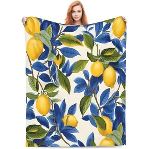 80"X60" Lemon & Blue Leaf Print Flannel Throw Blanket - Soft Cozy Fuzzy All-Season Large Lemon Design With Yellow Lemons, Green Leaves & Blue Background - Contemporary Bed, Couch, Sofa, Travel Blanket - Machine Washable Durable Cozy Home Decor