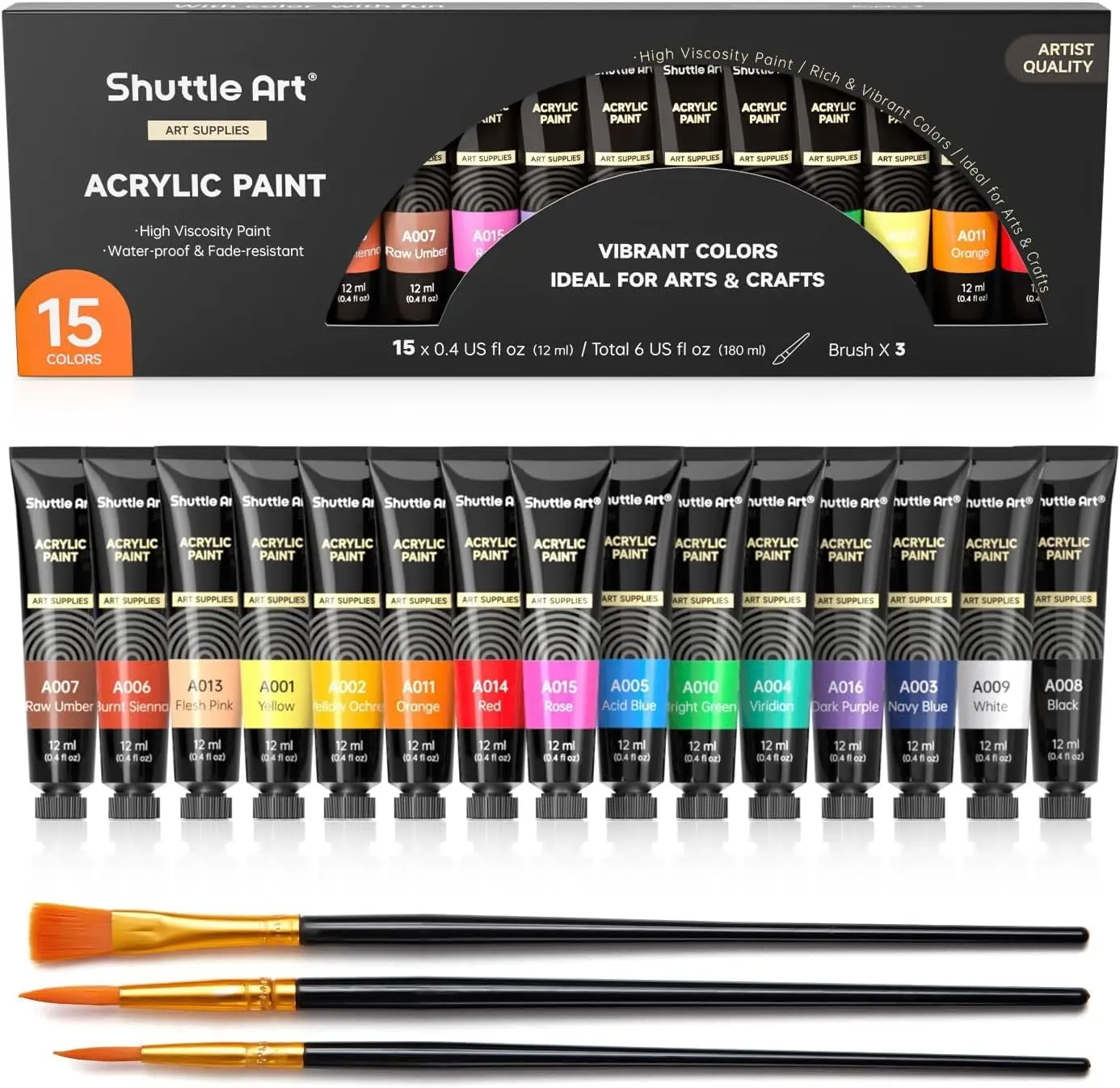 Acrylic Paint Set, 15 x 12ml Tubes Artist Quality Non Toxic Rich Pigments Colors Perfect for Kids Adults Beginners Artists Painting on Canvas Wood Clay Fabric Ceramic Crafts