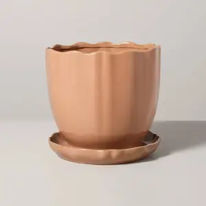 9.5" Scalloped Edge Stoneware Indoor/Outdoor Planter Pot with Saucer Cosmic Rust - Hearth & Hand with Magnolia