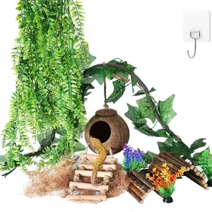 Crested Gecko Tank Accessories, Reptile Hanging  Vines with Coconut Shell Ladder Hideout Hermit Crab Decor for Lizard, Chameleon Cage, Snakes, Hermit Crab, Leopard Gecko