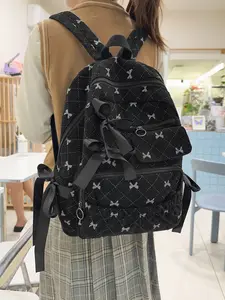 1pc  Ladies' backpack, portable backpack, Casual Printed Backpack, zipper closure, bow, fashionable, versatile, casual, cute, suitable for students to go to school, campus, daily travel, commuting, Commuter Backpack