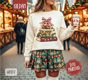Christmas Book Tree Sweatshirt, Trendy Women's Holiday Reading Sweater