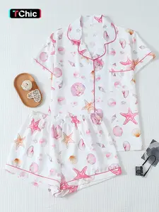 Women's Tropical Shell Print Pajama Set, Sweet Lapel Short Sleeve Top & Bow Shorts, Casual Homewear, All over Print