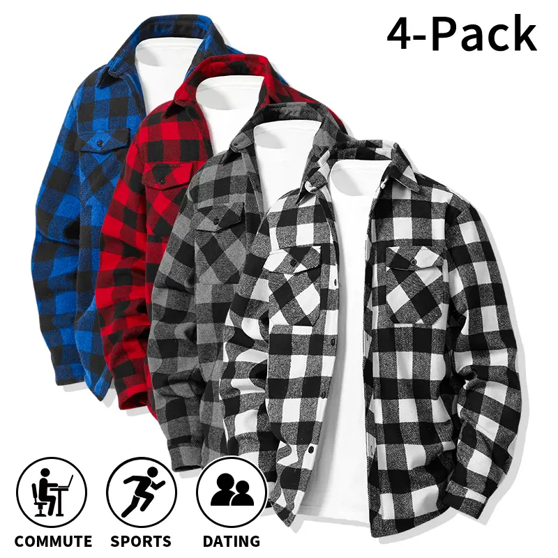Men’s Classic Polyester Checkerboard Work Shirts - 4-Pack/1-Pack Options, Versatile for Daily Commutes & Sports Layering (Inner Tops Sold Separately), Yellow,clothes for back to school,first day of school outfits