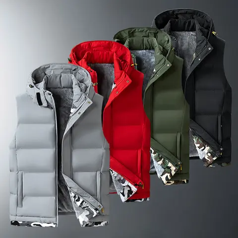 Men's Plus-Size (3XL,4XL) Fleece-Lined Heat Hooded Wind Guard Vest - Menswear, Autumn-Winter Knit, Slim Fit, 1 Size Up Recommendation, Camouflage Patchwork, Street Moto Look, Cold-Day Armor