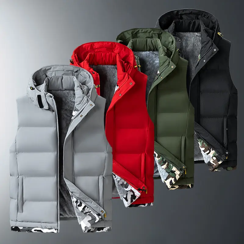 Plus-size men’s autumn/winter fleece-lined hooded layered vest, slim fit—recommended to order one size up; windproof camouflage patchwork, motorcycle street style, warm and versatile for everyday casual wear.