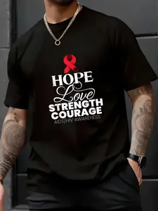 100% Cotton Unisex Hope Love Strength Red Ribbon AIDS/HIV Awareness Month Gift T-Shirt , Men's Women's Short Sleeve Tops Crewneck Tshirt