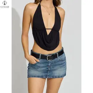 Women Backless Halter Top Tie Back Deep V Neck Camisole Y2k Sleeveless Ruched Crop Top Summer Going Out Outfits