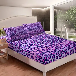 Feelyou Luxury Microfibre Fitted Sheet Set - Purple Cheetah-Leopard Print Bedding, Wild Animal Theme Linens, Stripe-Accent Bedroom Decor Cover, Microfibre Material