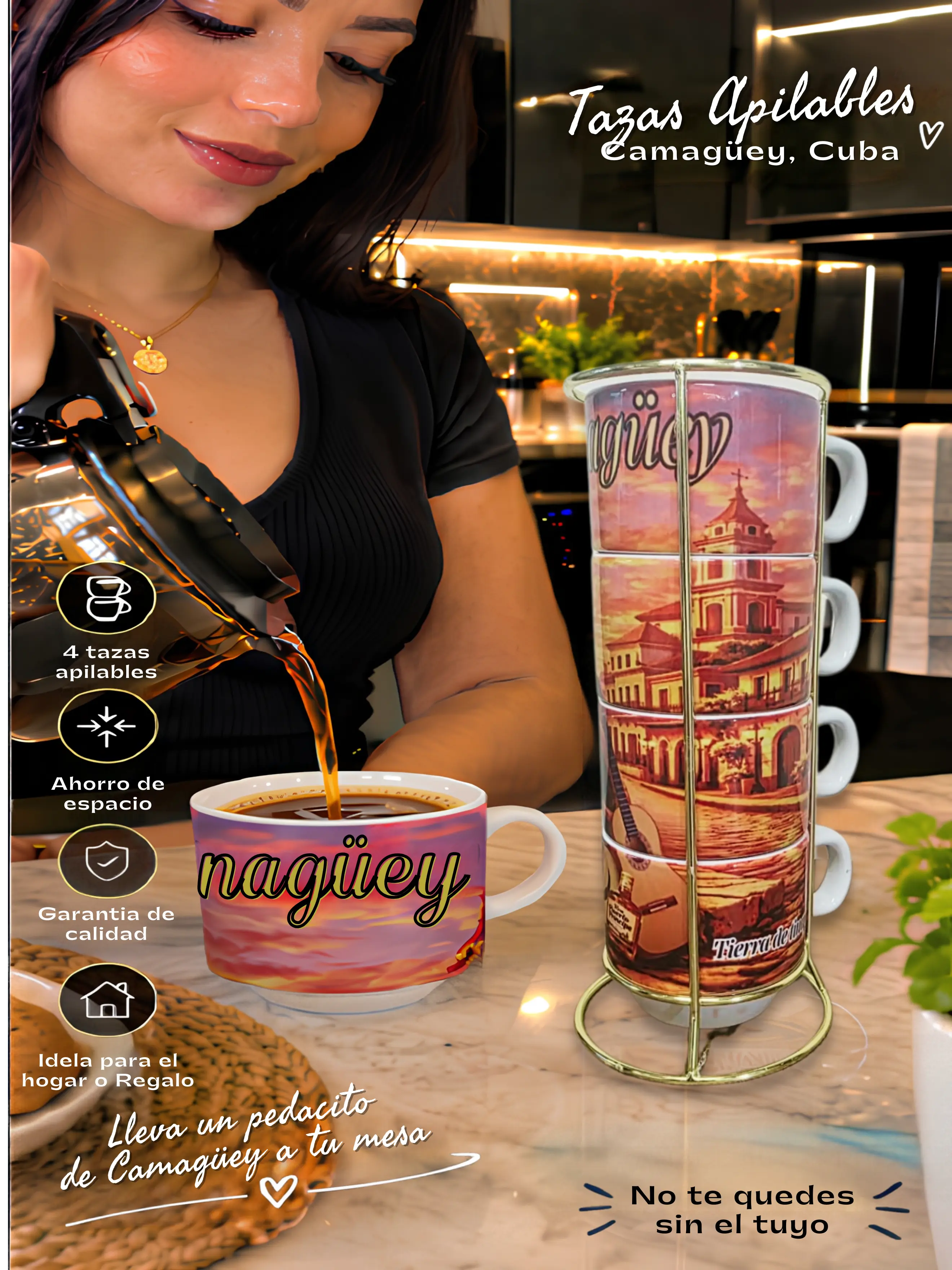 “Camagüey Cuba 6‑oz Stackable Coffee Mug Set – 4‑Piece Cultural Heritage Collection”