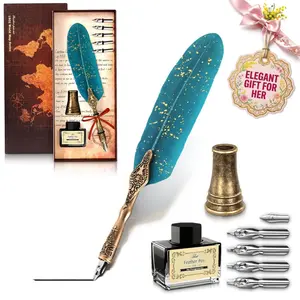 Feather Quill Pen and Ink Calligraphy Gift Set - Stainless Steel Dip Pen Writing Quill and Ink Set with 5 Replacement Nibs, Non-Slip Knurled Grip, Display Stand and Elegant Gift Box, Art Supplies