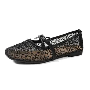 Women's Polka Dots Mesh Ballet Flats Shoes Bowknot Pointed Toe Flats Closed Toe Comfortable Dress Shoes