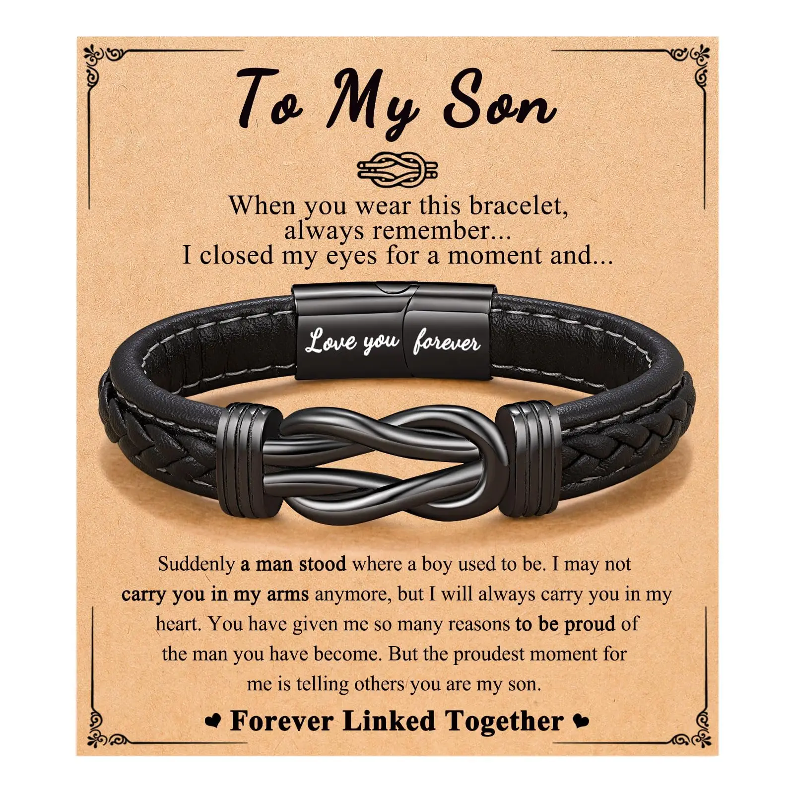 Forever Linked Together Leather Bracelet for Boys Men's Birthday Christmas Valentine's Day Father's Day Anniversary Gifts