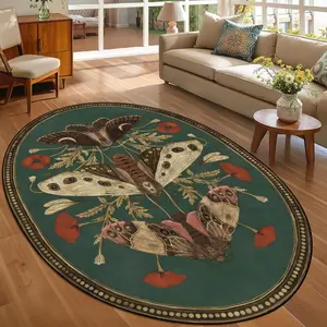 Deep Vintage Butterfly Print Oval Living Room Carpet, Luxury Non-Slip Washable Rug, Home Decor Large Bedroom Decorative Area Rug