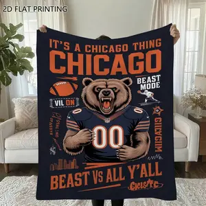 1Pc Chicago Football Bear Throw Blanket - Soft Flannel, Warm & Cozy, 2D Flat Print Design With "It'S A Chicago Thing" & "Beast Vs All Y'All" Text, Perfect For Couch, Sofa, Or Gift, All-Season Use, Gi
