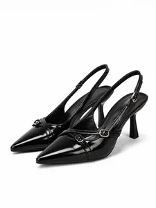 Vintage Black Patent Pointed Toe Slingback Heels | Buckle Strap Kitten Pumps | Office Siren Aesthetic Shoes