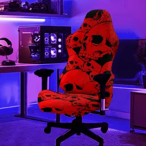 1Set Red Terror Skull Pattern UV Blacklight Reactive Glowing Computer Game Chair Cover, Milk Fiber Fabric With Elastic And Detachable Design That Is Machine Washable. Suitable For Office, Bedroom And Game Chair Decoration. Gaming Chair Fabric