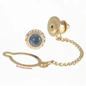 14K Yellow Gold Cabochon Blue Sapphire Tie Pin