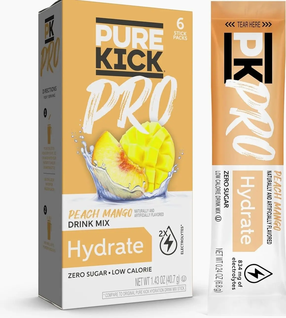 PURE KICK PRO Hydration Electrolyte Drink Mix, Peach Mango, Includes 1 Box with 6 Packets in Each Box