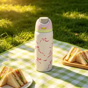 32ozDelicate Pink Ribbon Bow Pattern Insulated Stainless Steel Water Bottle, One-Hand Push Pop Lock Lid Drinkware Tumbler Mug Bottled Cup Portable Washable Reusable