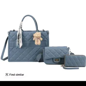 Quilted Blue 3-Piece Set Bags with Scarf and Teddy Bear Charm for Everyday Use