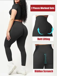 Seamless Workout Sets for Women 2 Piece, Sporty High Stretch, Round Neck Seamless T-Shirt Tank Top + Scrunch Butt Lifting Leggings for Women Gym Workout Leggings Mid Low Waist Tummy Control Yoga Pants, Outdoor Running Yoga GYM Tracksuit Sets for Women