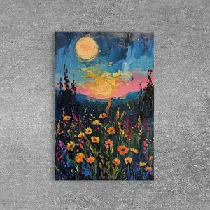 Full Moon Above The Wildflowers Canvas Print Minimalist Matte Cotton Wall Art for Home Decor Framed Ready to Hang Ornaments Customizable Posters