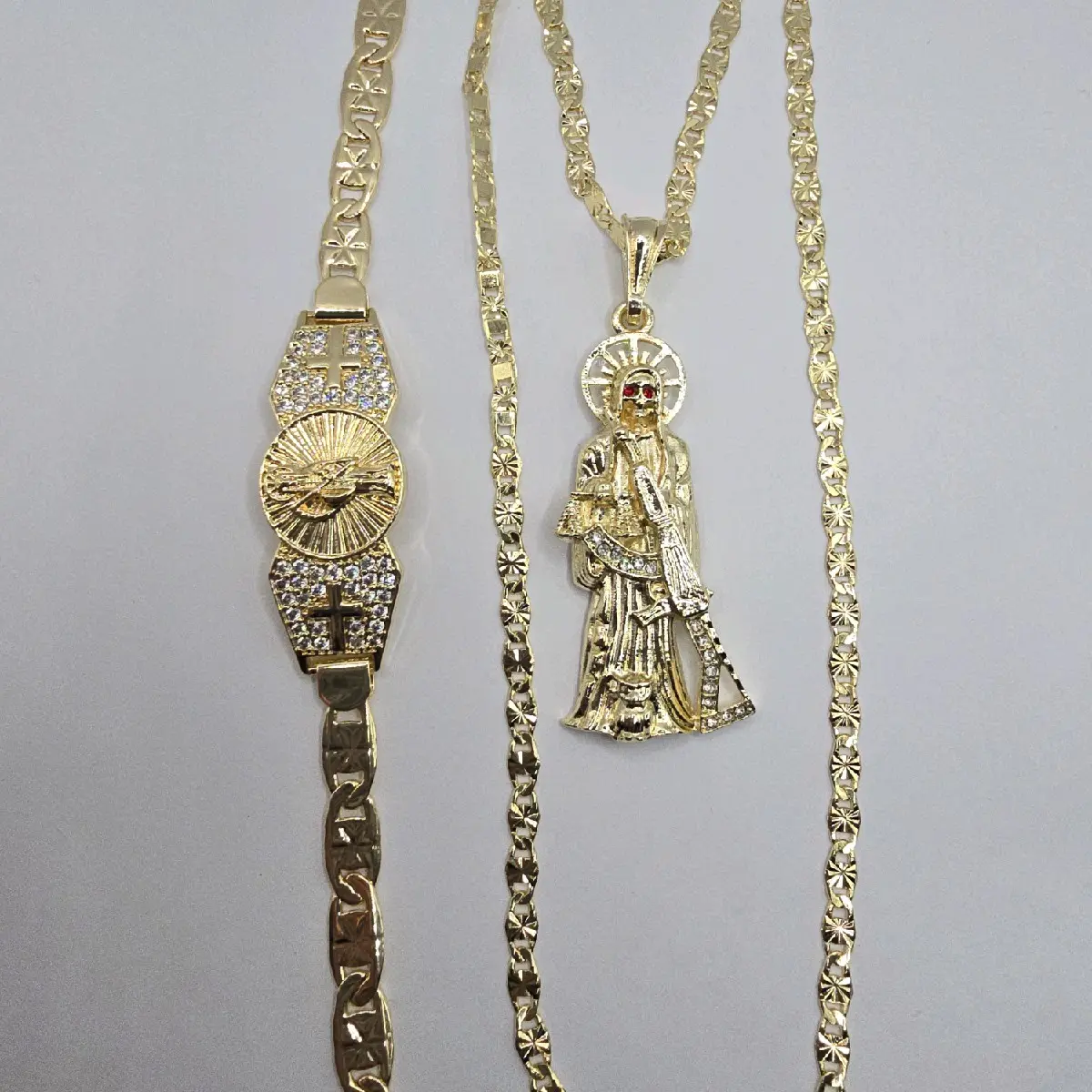 LA SANTA MUERTE/ THE GRIM REAPER NECKLACE WITH BRACELET MULTI-STONES PENDANT REGULAR CHAIN FASHION 24"INCHES
