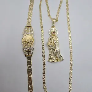 LA SANTA MUERTE/ THE GRIM REAPER NECKLACE WITH BRACELET MULTI-STONES PENDANT REGULAR CHAIN FASHION 24"INCHES