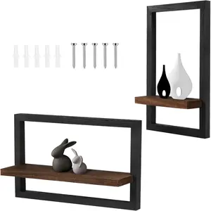 Set of 2 Wooden Floating Shelves Square Wall Mounted Modern Chic Display for Plants Decor in Living Room Bedroom Bathroom Solid Wood L+S - Decoration Items