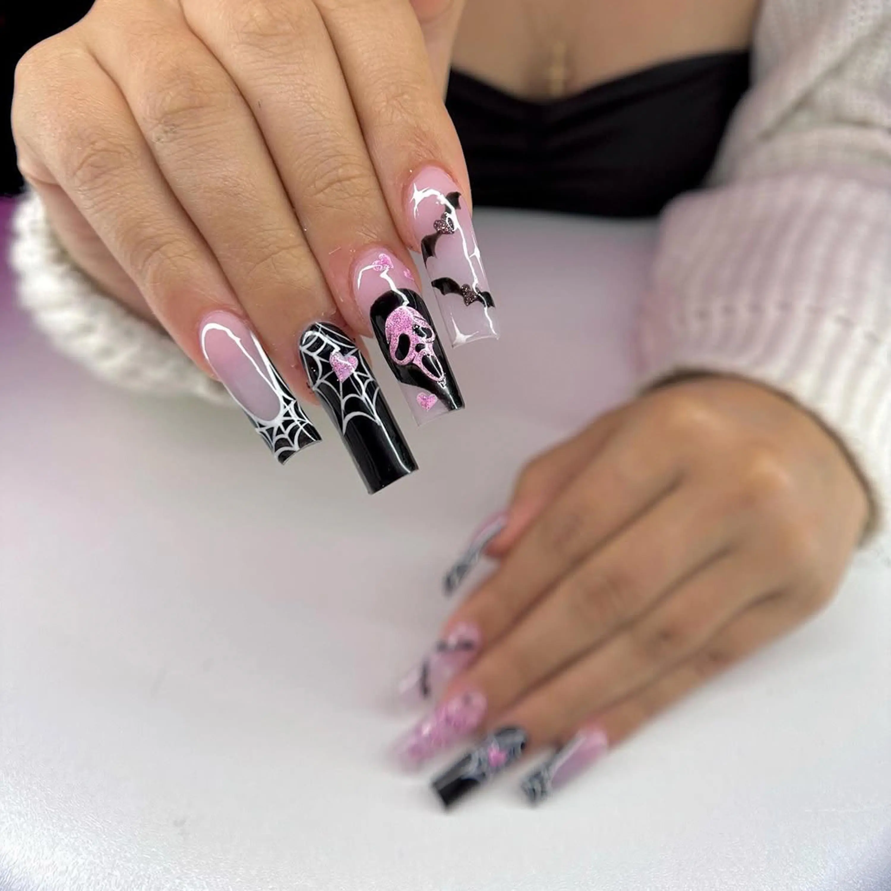 Pink & Black Gothic Press On Nails | 3D Scream Face & Spider Web Nail Art | Handmade Reusable Nail Set