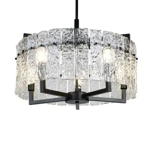 Modern Black Crystal Chandeliers for Dining Room, Luxury Water Ripple Glass Light Fixture, Round Lighting for Kitchen Island, Bar Table, D20