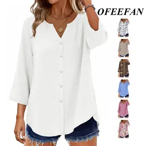 OFEEFAN Women's 3/4 Sleeve V-Neck Button Down Blouse Loose Fit Minimalist Basic Business Casual Outfits