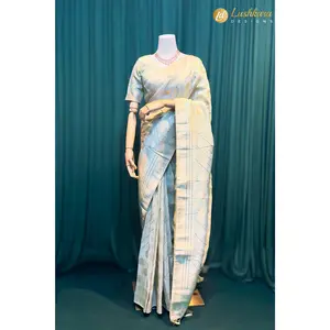 Lushkara Sky Blue Banarasi Silk Saree with Zari Polka Design