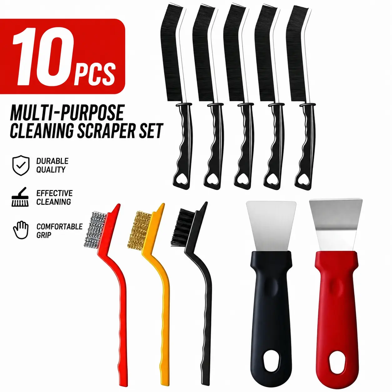 10Pcs Metal Crevice Cleaning Brush Set with Metal Bristles & 2 Scraper - Home Supplies for Deep Scrubbing on Gaps Surfaces in Bathroom, Kitchen