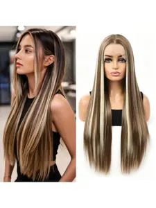 26 Inch Long Straight Fiber Wig Cap, Center Part Fashionable 13x4 Front Lace Hairpiece, Synthetic Hair Extension for Stylish Looks