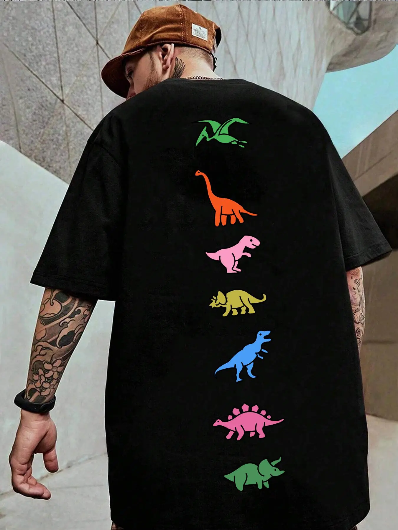 Men's Plus Size Cartoon Dinosaur Print Drop Shoulder Jersey Tee, Casual Streetwear Short Sleeve Round Neck Fitted T-Shirt for Summer, Fashion Men's Clothes for Daily Wear, Tops