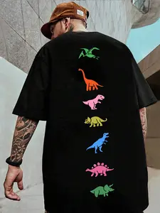 Men's Plus Size Cartoon Dinosaur Print Drop Shoulder Jersey Tee, Casual Streetwear Short Sleeve Round Neck Fitted T-Shirt for Summer, Fashion Men's Clothes for Daily Wear